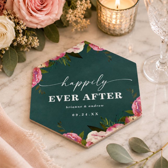 Blühend Chic Tief Teal Grün Florale Hochzeit Untersetzer (Happily ever after wedding reception coasters)