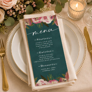 Blühend Chic Tiefes Tealgrün Florale Hochzeit Menükarte