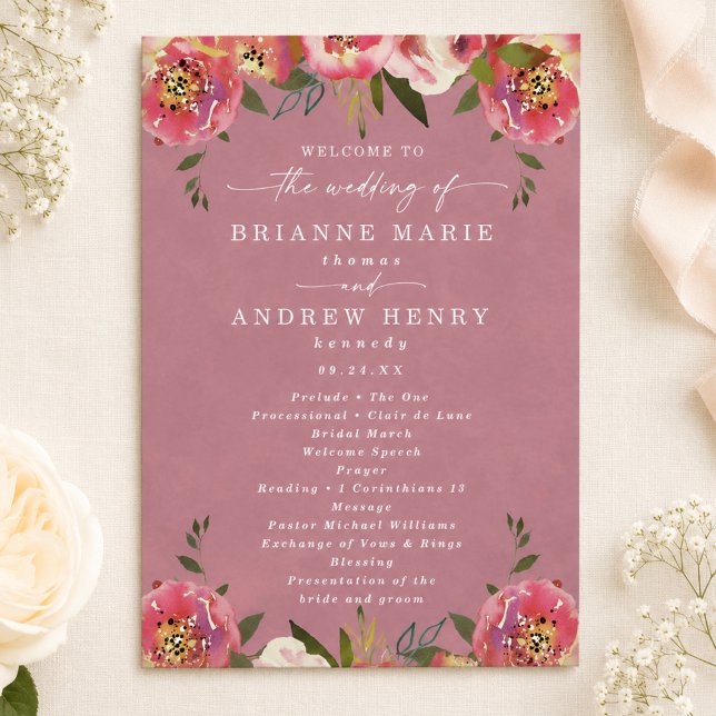 Blühend Chic Wilde Rose Pink Hochzeitszeremonie Programm (Elegant wild rose pink wedding programs)