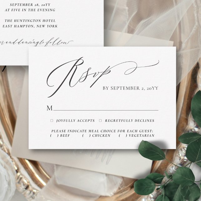 Blühend elegante Script-Auswahl RSVP Karte (This elegant, minimalist RSVP card features a handwritten calligraphy script and your meal choices)