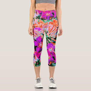 Blühende Abstrakte Magenta und Orange Blume Capri Leggings
