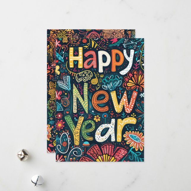 Blühende Anfänge - Ein handGezeichnet Neujahrsgrös Feiertagskarte (Vorderseite/Rückseite Beispiel)