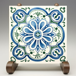 Blühende azurblaue Keramik Drucktafel Fliese