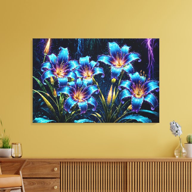 Blühende blaue Lilien in der Nacht lebendige Blume Leinwanddruck (Insitu (Wohnzimmer))