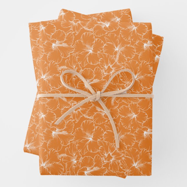 Blühende Blume des weißen Hibiskus auf Orange Geschenkpapier Set (Beispiel)