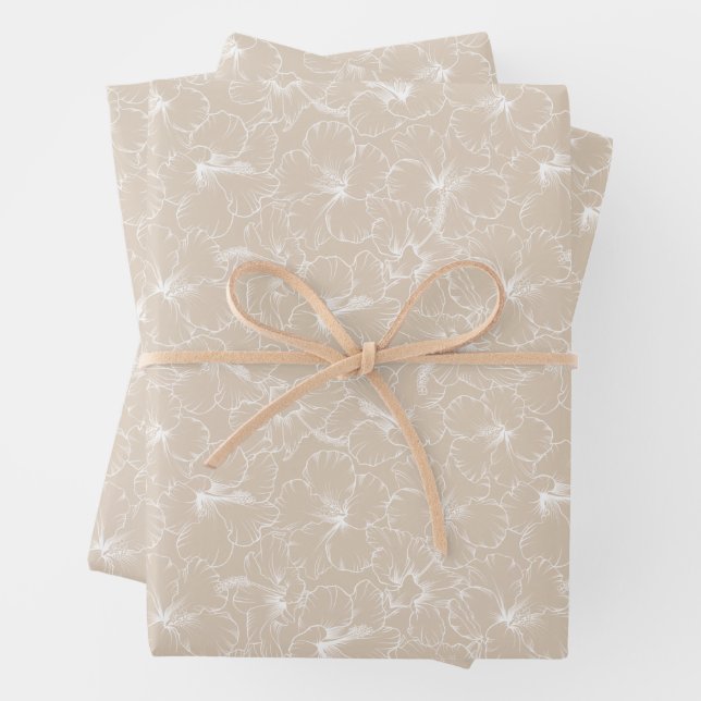 Blühende Blume des weißen Hibiskus auf Taupe Geschenkpapier Set (Beispiel)