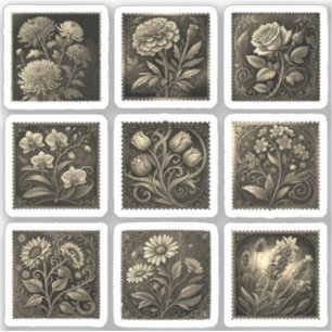 Blühende Blumen Postage Stamps Zeichnung Gold Aufkleber