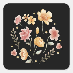 Blühende Blumen und Blätter Aquarell Quadratischer Aufkleber