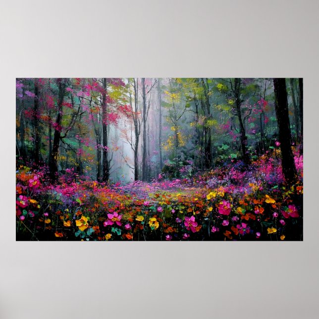 Blühende Blumen und hohe Bäume im friedlichen Wald Poster (Vorne)