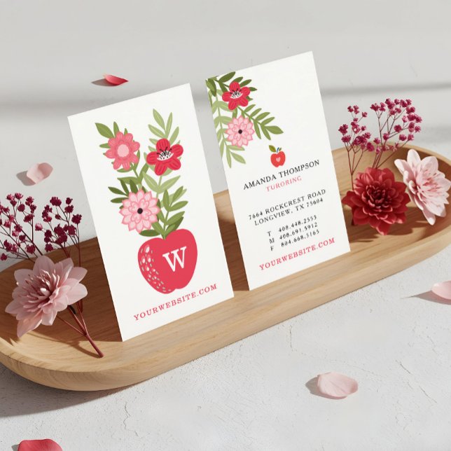 Blühende Blumenapplikation Visitenkarte (Blooming Floral Red Apple Learning Tutoring Business Card)