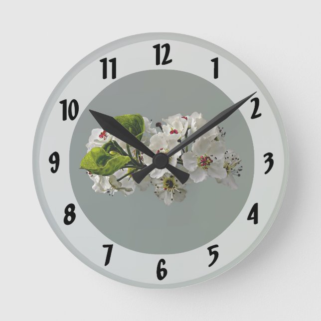 Blühende Blüten aus weißer Birne Runde Wanduhr (Vorderseite)