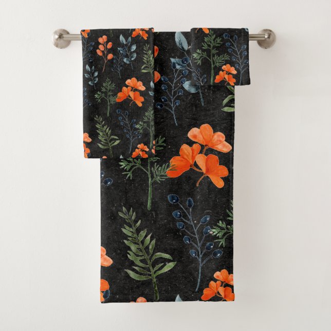 Blühende Botanicale Orange Blumengrün Schwarz Badhandtuch Set (Insitu)