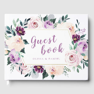 Blühende botanische Hochzeit mit lila Blumen Gästebuch