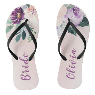 Blühende botanische lila personalisierte Braut Flip Flops