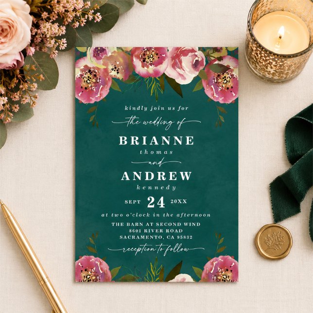 Blühende Chic Deep Teal Grün Florale Hochzeit Einladung (Moody teal and blush pink floral wedding invitations)