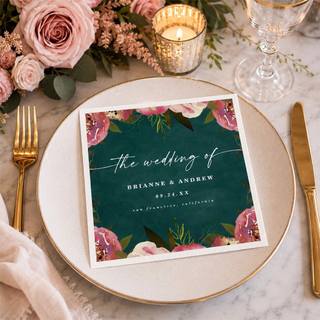 Blühende Chic Deep Teal Grün Florale Hochzeit Serviette (Elegant reception napkins in deep teal colorway)