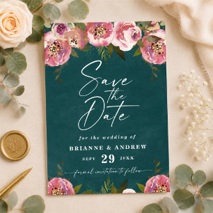 Blühende Chic Tief Teal Grün Foto Hochzeit Save The Date