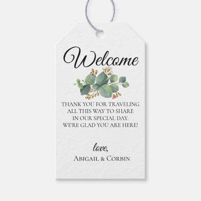 Blühende Eukalyptus-Hochzeitsnahrung Geschenkanhänger (Vorderseite)