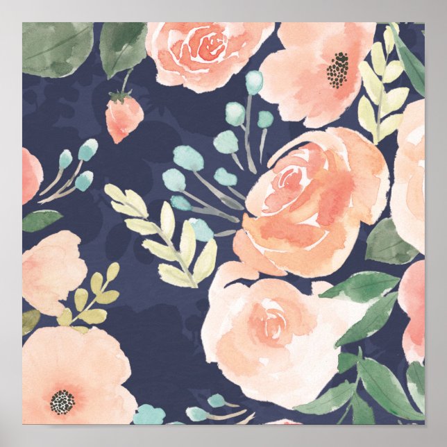 Blühende Freude | Peach & Blue Rose & Poppies Poster (Vorne)