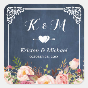 Blühende Gastgeschenk Hochzeit für Navy-Chalkboard Quadratischer Aufkleber
