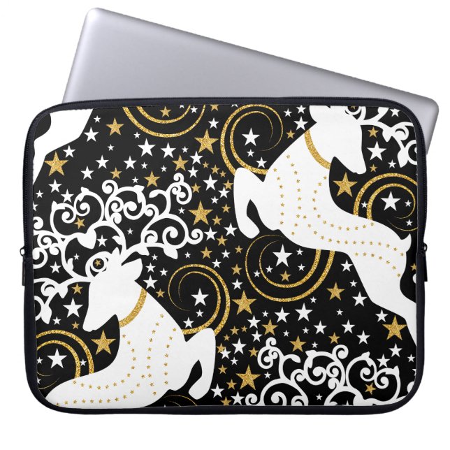 Blühende goldene Weihnachtsblume Hirsche Laptopschutzhülle (Vorderseite)