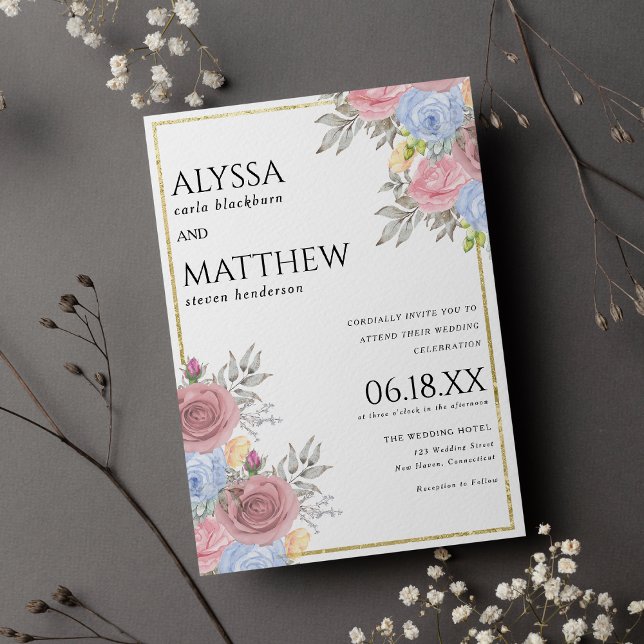 Blühende Hochzeit in Rosa Einladung (Watercolor pink blue gold country floral wedding invitation )