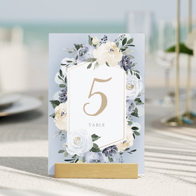 Blühende Hochzeit mit blühenden Blütenblüten Tischnummer (Blooming botanical dusty blue floral wedding table number)