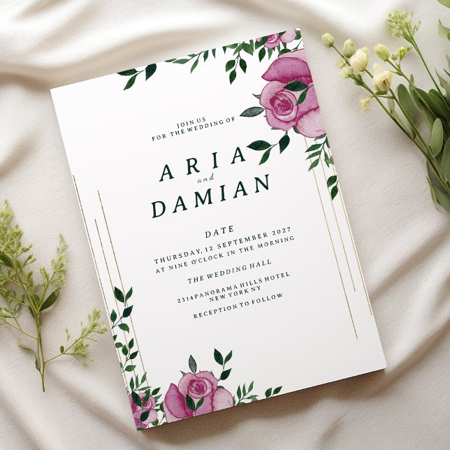 Blühende Hochzeit mit grüner Rose Einladung (Botanic lilac green gold rose floral Wedding)