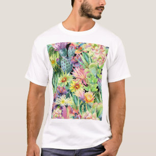 Blühende Kakteen, Aquarellfarben nahtloses Muster. T-Shirt