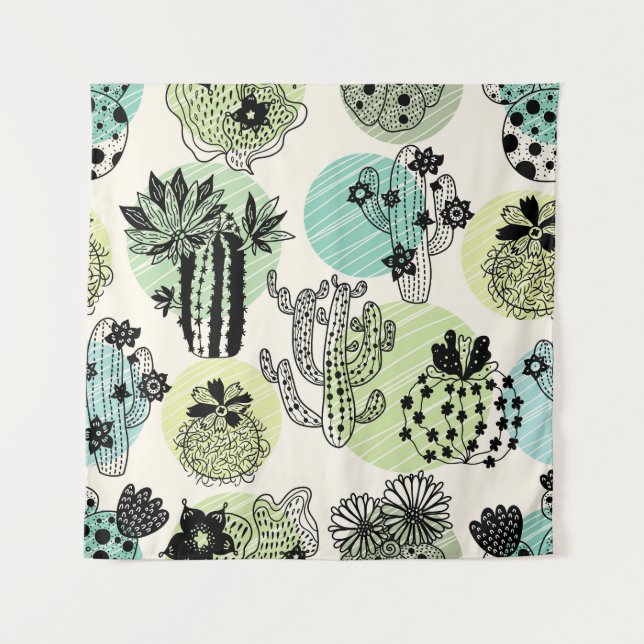Blühende Kakteen: Von Hand Gezeichnet, nahtloser A Wandteppich (Vorderseite)
