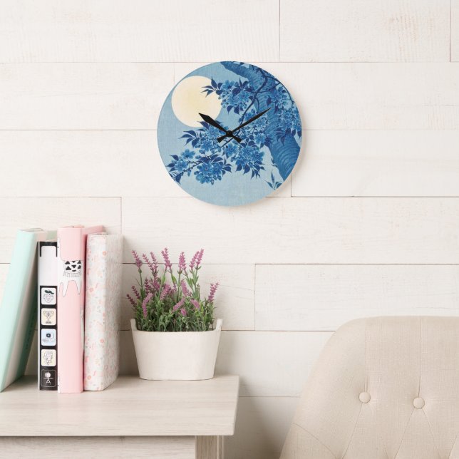 Blühende Kirsche an einer mondbeleuchteten Nacht - Große Wanduhr (Lesesaal)