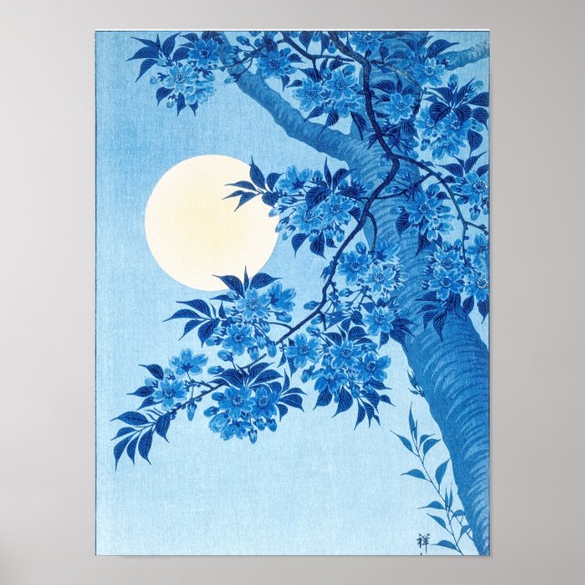 Blühende Kirsche Moonlit Night Ohara Koson Blue12 Poster (Vorne)