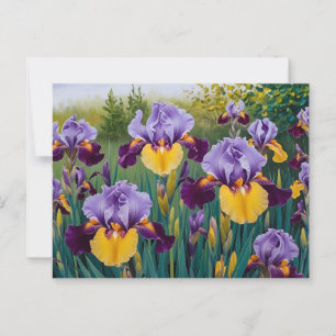 Blühende lila gelbe Schwertlilienblumen Postkarte