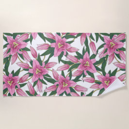 Blühende Lilien in Pastellrosa auf Weiß Strandtuch