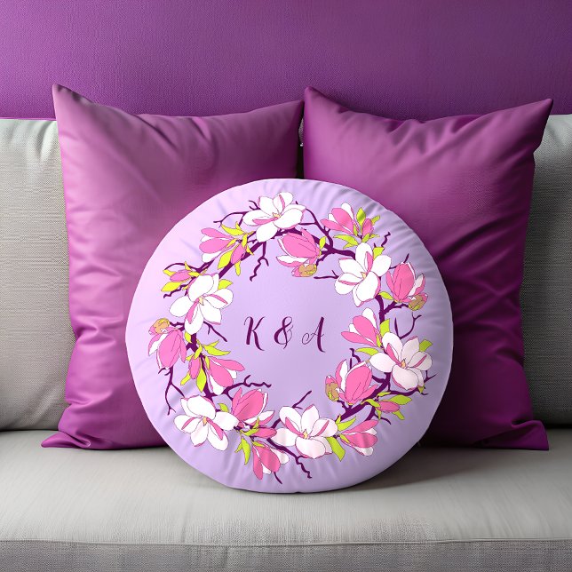 blühende Magnolia Personalisiertes Rundkissen Rundes Kissen (Blooming Magnolia Personalized Round Pillow)