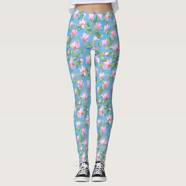 Blühende Magnolie am Himmel blau Leggings (Vorderseite)