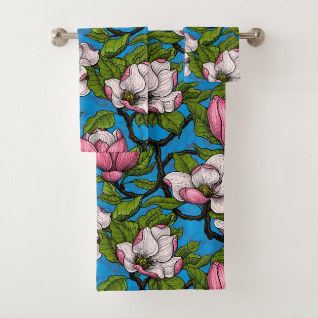 Blühende Magnolie auf blau Badhandtuch Set (Insitu)