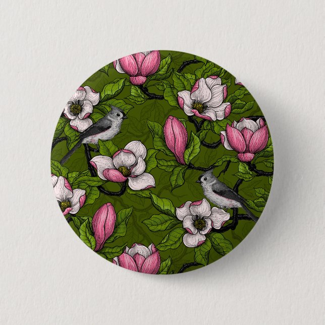 Blühende Magnolie und Titmausvogel 2 Button (Vorderseite)