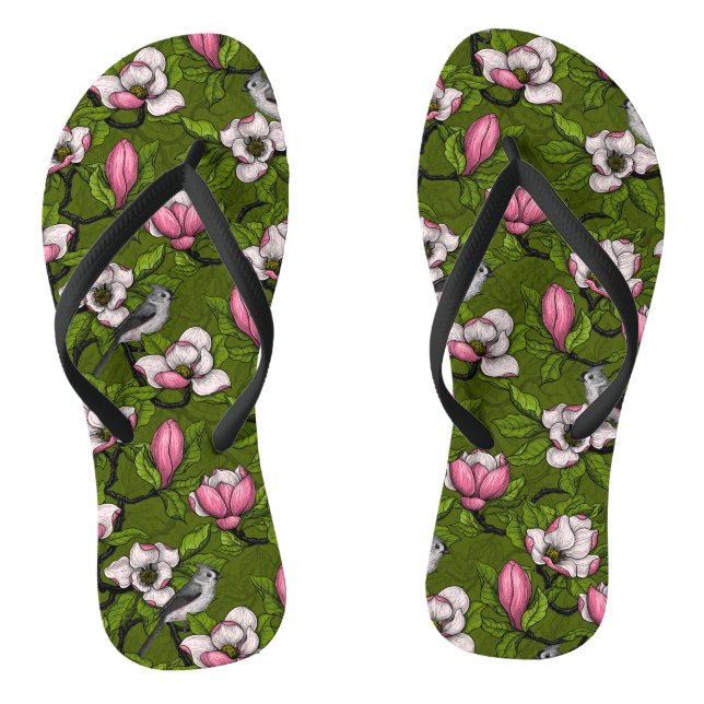 Blühende Magnolie und Titmausvogel 2 Flip Flops (Fußbett)