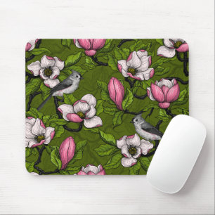 Blühende Magnolie und Titmausvogel 2 Mousepad
