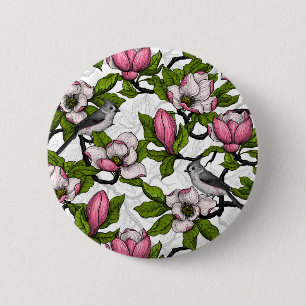Blühende Magnolie und Titmausvogel Button