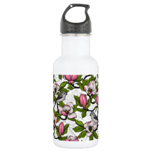 Blühende Magnolie und Titmausvogel Edelstahlflasche