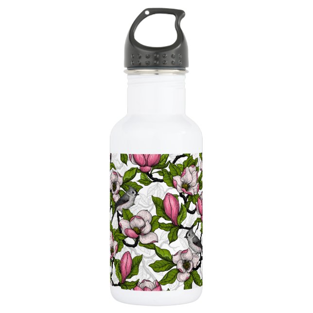 Blühende Magnolie und Titmausvogel Edelstahlflasche (Vorderseite)