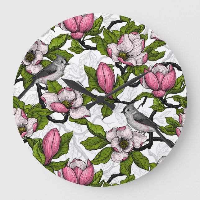 Blühende Magnolie und Titmausvogel Große Wanduhr (Vorderseite)