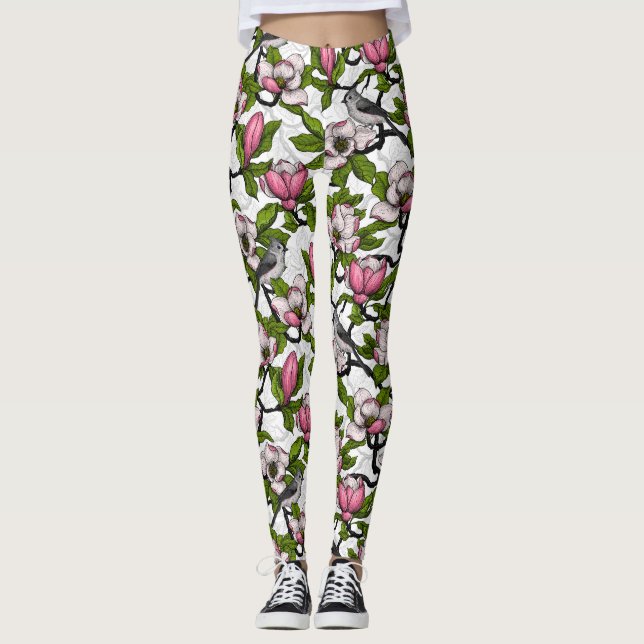 Blühende Magnolie und Titmausvogel Leggings (Vorderseite)