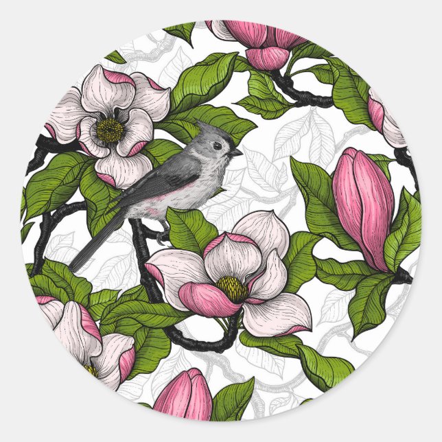 Blühende Magnolie und Titmausvogel Runder Aufkleber (Vorderseite)