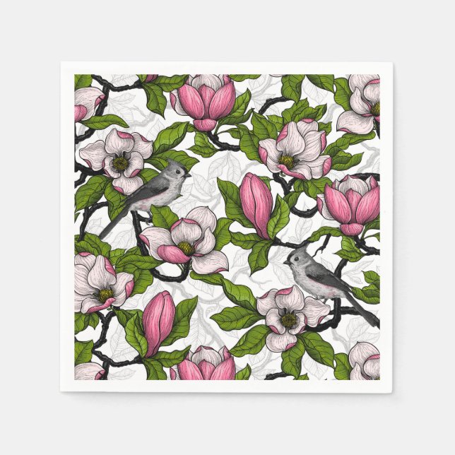 Blühende Magnolie und Titmausvogel Serviette (Vorderseite)