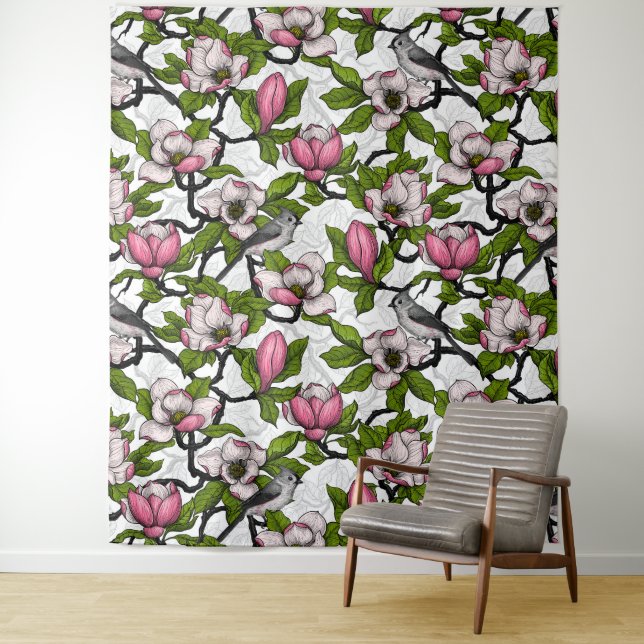 Blühende Magnolie und Titmausvogel Wandteppich (Beispiel)