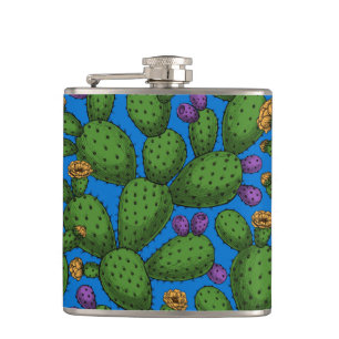 Blühende Opuntia auf blau Flachmann