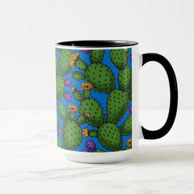 Blühende Opuntia auf blau Tasse (Rechts)